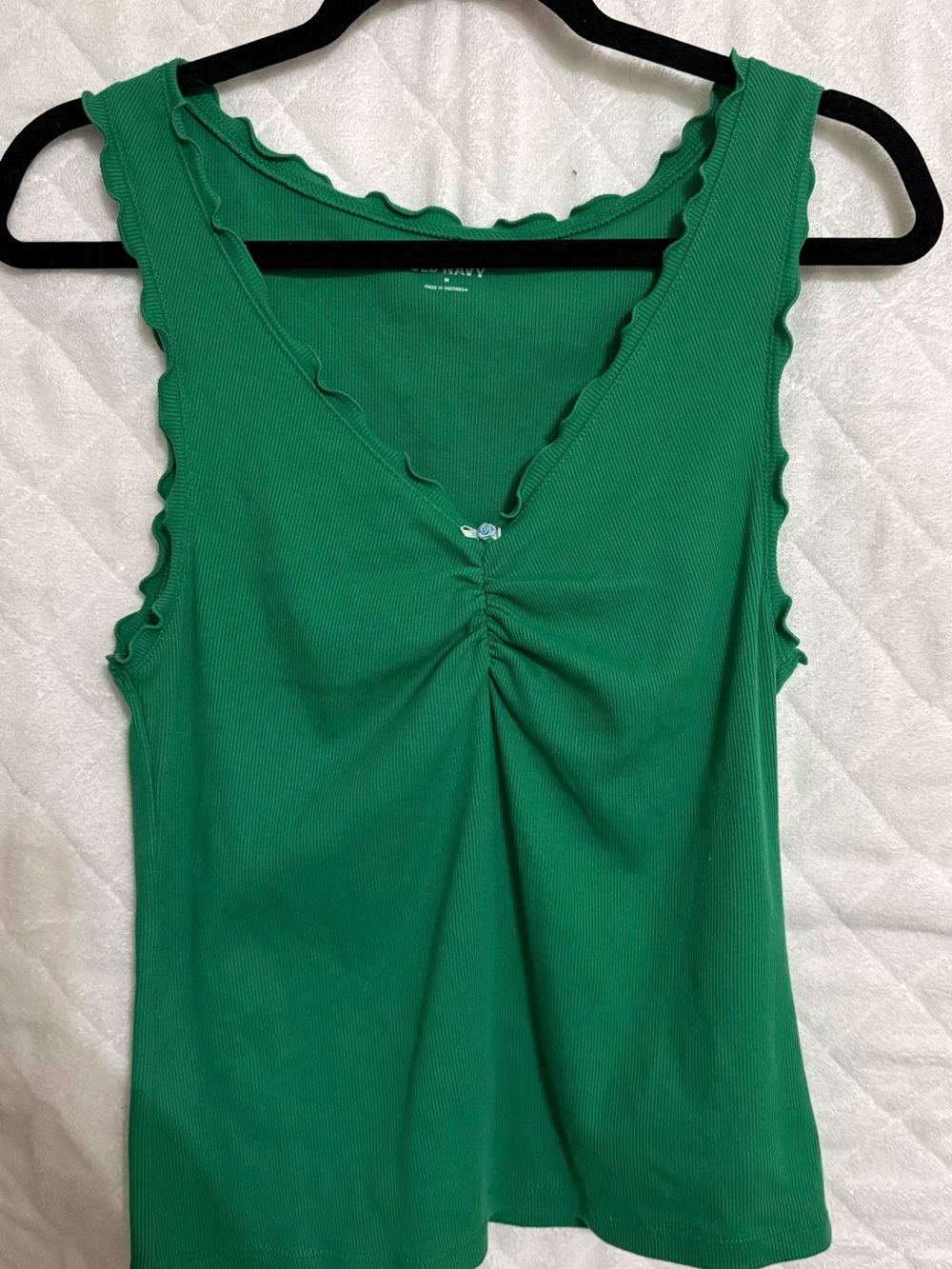 Old Navy Green Ribbed V-Neck Tank with Ruffle Trim